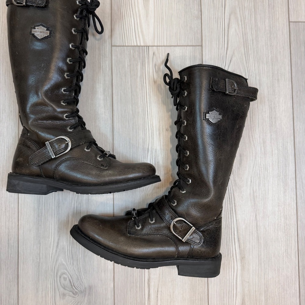Harley Davidson Womens D83721 Tall Leather Moto Boots Brown Lace Up Buckle 9M - Picture 3 of 9